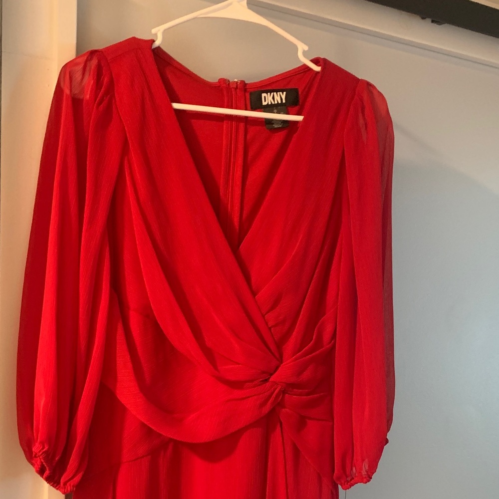 DKNY Red Long-Sleeve Knot Front V-Neck Dress